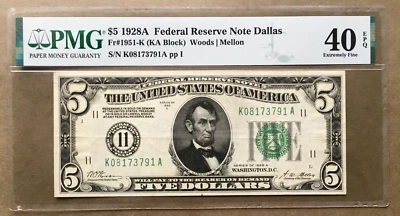 1928A  $5 FRN DALLAS BIG 11 Seal- GOLD  FR 1951-K  PMG 40EPQ   Ser# K 08173791 A - Image 1 of 3