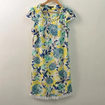 Vestido Vaina Banana Republic Para Mujer 8 Amarillo Azul Teal Midi Poliéster Floral Foto 1 de 4