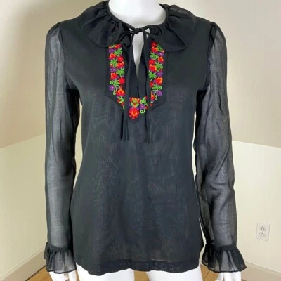 Blusa Top Vintage Años 70 Charm Hollywood Floral Bordada Camisa Negra Transparente S Foto 1 de 4