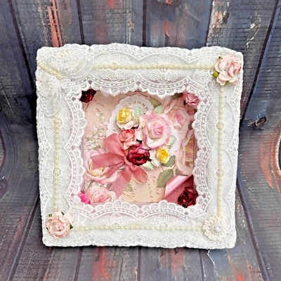 8" 3D Shadow Box Handmade Decor Pink White Lace Flowers Wedding Shabby Chic - Image 1 of 4