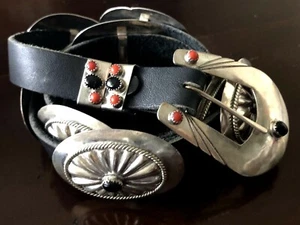 Signed N.D. Fchissey Vintage 9 Concho Leather Native American Sterling 925 Belt - Picture 1 of 11