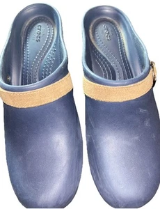 CROCS Sarah Navy Blue Suede Buckle Slip On Comfort Heeled Mule Clog Shoes W 8 - Picture 1 of 9