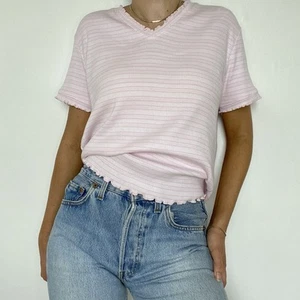 VINTAGE JOIE DE VIVRE | BABY PINK STRIPED TOP/T-SHIRT | RUFFLE TRIMS | SIZE M/L - Picture 1 of 5