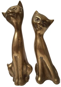 Vintage Solid Brass Cat Figurines Set of 2 Mid-Century Modern Collectible - Picture 1 of 10