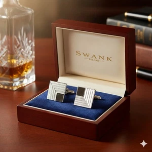 Gemelli Swank tono argento geometrico gradino lucido spazzolato testurizzato bottone - Foto 1 di 9