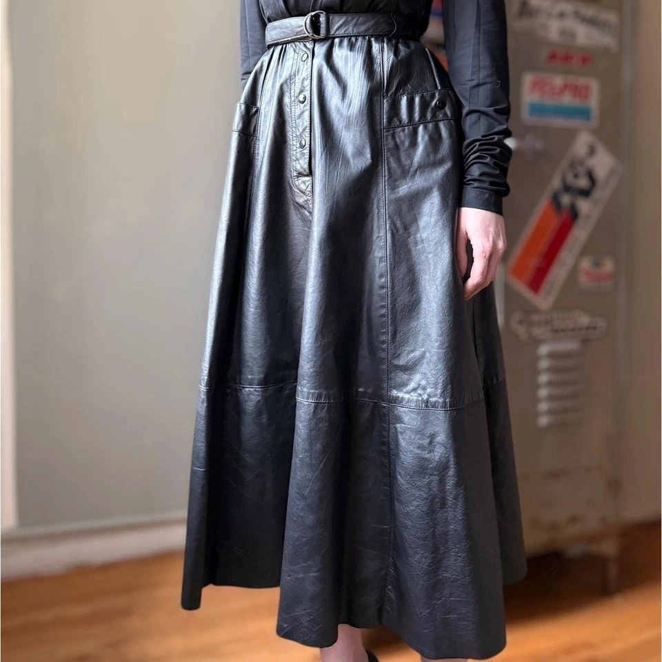 Vintage 70s Long Leather Skirt | High-Waist A-Line Full Skirt Black | Size 4/XS - Image 1 of 4