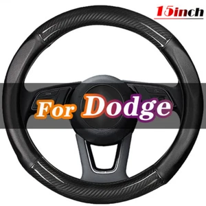 15" Steering Wheel Cover Carbon Fiber & Leather For Dodge Black Car Accessories - Picture 1 of 11