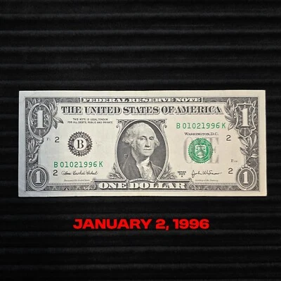 January 2, 1996 - $1 Bill Birthday Note - One Dollar Bill - Serial # 01021996 - Image 1 of 4