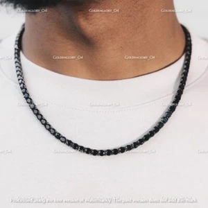 27Ct 4MM Round Cut AAA Black Diamond Men's Tennis Necklace 14K Black Gold Finish - Picture 1 of 4