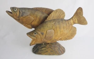 Artist Unsigned Hand Carved Wood 18” Two Fish Trout Bass On Pedestal Figurine - Picture 1 of 11