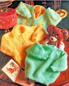 Cardigan jumper round & v- neck knitting pattern copy size 6-24 months 8 ply - Picture 1 of 2