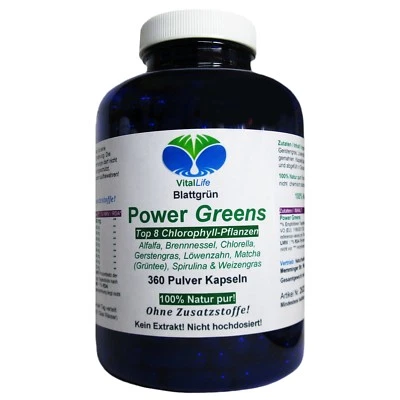 Power Greens 360 Kapseln Top 8 Chlorophyll Pflanzen OHNE Zusatzstoffe. 26333 - Bild 1 von 4