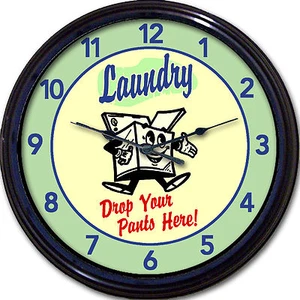 "Reloj de pared para lavadora de lavandería deja caer los pantalones aquí letrero retro nuevo 10" - Imagen 1 de 2