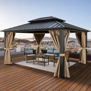 10x12ft Patio Gazebo, Mesh Curtains, Double Vented Steel Roof, Aluminum Brown - Picture 1 of 8