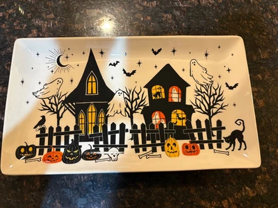 Bandeja de cerámica para casa embrujada de Halloween para servir fiesta microondas apta para lavavajillas nueva Foto 1 de 4