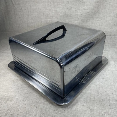 Portador de pastel cuadrado vintage de acero inoxidable de los años 50 11" x 6" mango negro Foto 1 de 4