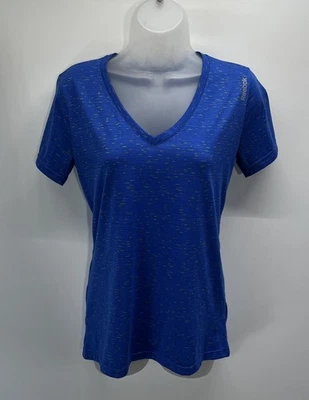 Top Reebok para mujer azul medio manga corta cuello en V atlético Speedwick Foto 1 de 4