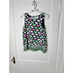Crown & Ivy Tank Top Blouse Women's Petite Small Elephant Pink Green Preppy - Picture 1 of 6