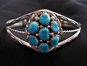 Turquoise Nugget Cluster Sterling Bracelet - Navajo Handmade - Picture 1 of 4