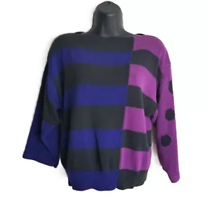 Vintage IQ Knitwear Hand Loomed Geometric Sweater Size L 80s Purple Blue Black - Picture 1 of 7