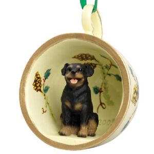 3-D Rottweiler Dog Teacup Ornament Holly Pine cone Ribbon Hanger New