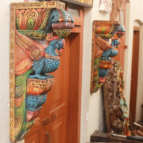 Vintage Corbel Pair Peacock Statue Wall Bracket Blue Home Decor Bird Sculpture Cover