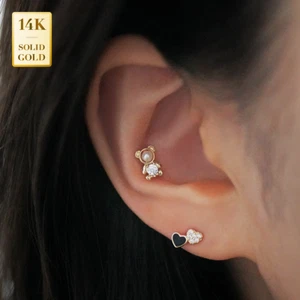 14K REAL Solid Gold Cubic Zirconia Pearl Dainty Teddy Bear Daith Helix 18 Gauge - Picture 1 of 12
