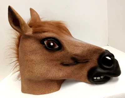 Horse Head Costume Mask Brown Rubber Latex Mane Hair Large 18" long 13" tall - Image 1 of 4