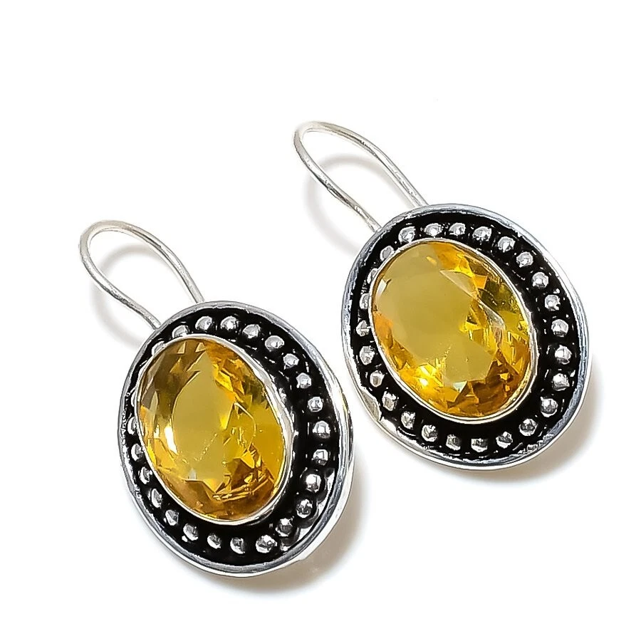 Yellow Citrine Gemstone 925 Sterling Silver Jewelry Stud Earring Size 0.75'' - Image 1 of 1