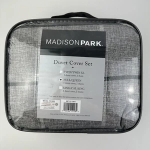 Madison Park Duvet Cover Three Piece Set Full Queen Bed Gray Plaid Farmhouse New - Picture 1 of 7