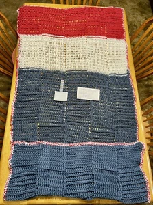 Hand Crocheted Throw Afghan Blanket, 45”x90”, Red, White & Blue - Picture 1 of 2