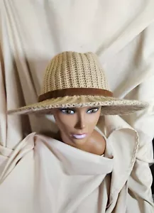 Knit Wide Brim Panama Hat Styling Tan With Brown Strap Gold Accent Buckle - Picture 1 of 7