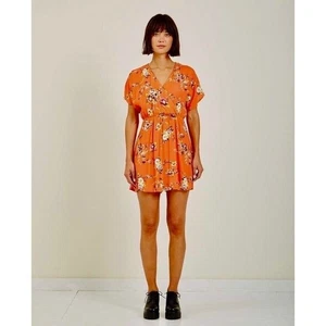OBEY Pinot Floral Mini Dress Dolman Surplice Coral Pink Orange Boho X-Small - Picture 1 of 13
