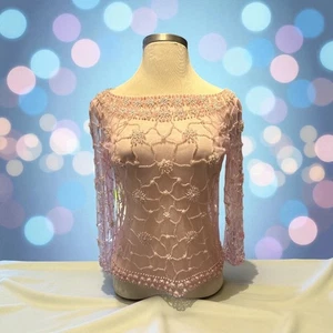VTG 50's Beaded Top Pink Sheer Blouse Shell Size 16 Zipper Back 3/4 Sleeve EUC - Picture 1 of 7