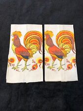 Set of 2 Vintage Rooster  Linen Kitchen Tea Towels Orange Yellow Browns