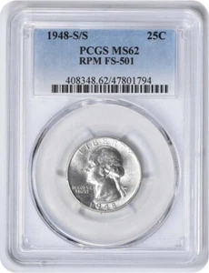 1948-S/S Washington Silver Quarter RPM FS-501 MS62 PCGS - Picture 1 of 4