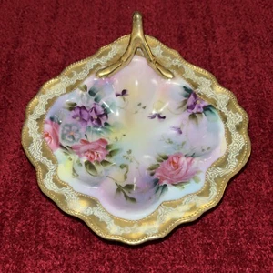 Ciotola pre 1911 manico Nippon dipinta a mano rose e violette oro pesante - Foto 1 di 7