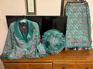 Champagne Italy Green Pink 3pc Skirt Suit Rhinestones & Derby/Easter Church Hat - Picture 1 of 24