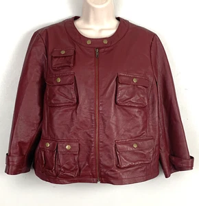 Newport News Womens Jacket Size 16 Burgundy Leather Zip Snap 6 Pockets Lined - Picture 1 of 12