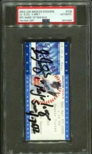 ERIC GAGNE SIGNED 1ST MLB SAVE TICKET STUBS 2002🔥AUTO INSCRIBED 4/7/02🔥PSA/DNA - Picture 1 of 3