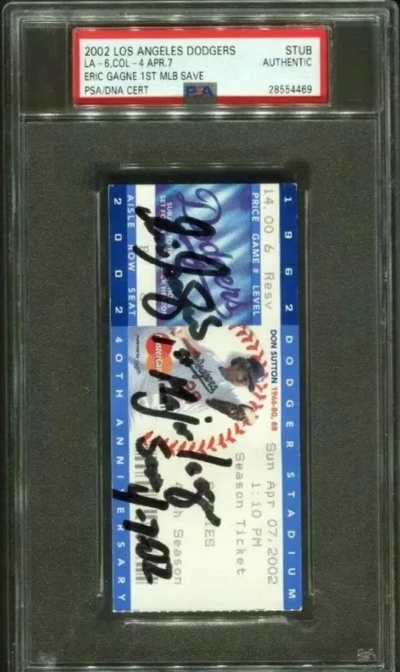 ERIC GAGNE SIGNED 1ST MLB SAVE TICKET STUBS 2002🔥AUTO INSCRIBED 4/7/02🔥PSA/DNA - Image 1 of 3