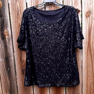 Sucolan Women's Black Sequin Top Sparkly Glitter Blouse ~ Size M ~ NWT - Picture 1 of 6