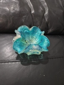 Murano Vintage Blumenschale Kunstglas Aschenbecher Goldfleck Blau Schale Retro Rüschen - Bild 1 von 8