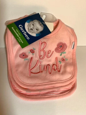NUEVO Pack de 3 baberos Gerber Baby ROSA con flores, rayas y bordados "Be Kind" Foto 1 de 4