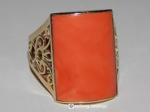 14K YELLOW GOLD LARGE CORAL FILIGREE HIGH SITTING RING -SIZE 6.75 - Picture 1 of 7
