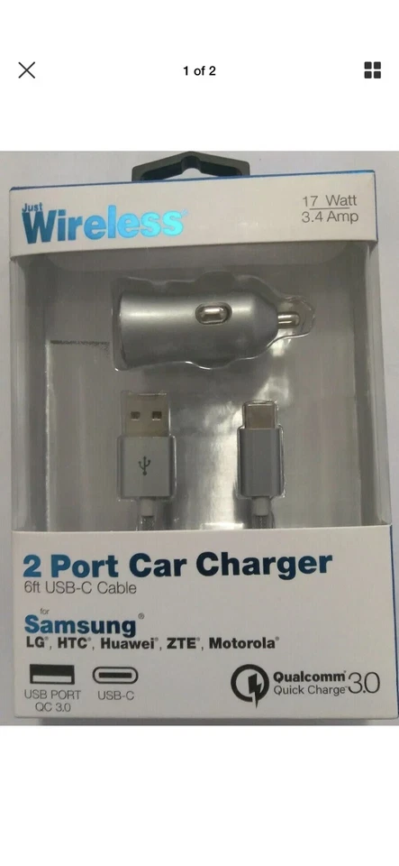 Cargador de coche Just Wireless de 2 puertos y cable USB - C de 6 pies cable USB-C de carga rápida 3.0 Foto 1 de 3