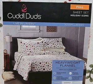 Cuddl Duds FULL Sheet Set Heavyweight Cotton Flannel Holiday Icons Deep Fit NEW - Picture 1 of 4