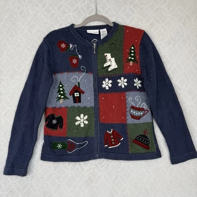 Croft & Barrow Holiday Sweater Small Petite Winter Christmas Tree Coffee Mittens - Image 1 of 4