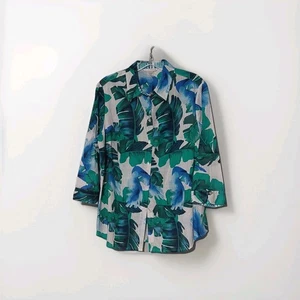 Allison Daley Tropical Women's Blouse Top Green White 12 Nice Casual Button Up - Picture 1 of 4