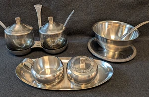 MCM Vintage 1969 Cordova Holloware Stainless Gravy Boat/Double Glass/Cream-Sugar - Picture 1 of 9